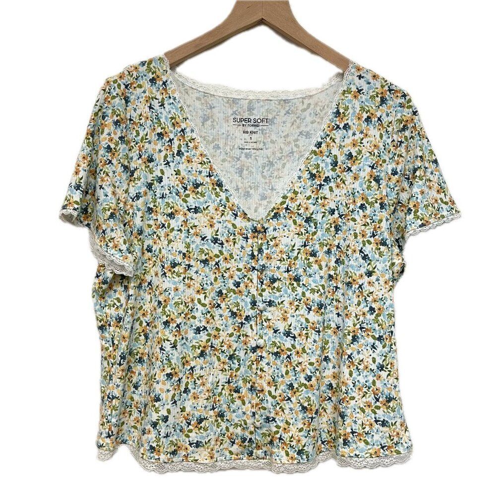 Torrid Ribbed Knit White Floral Crop Top - Size 1X